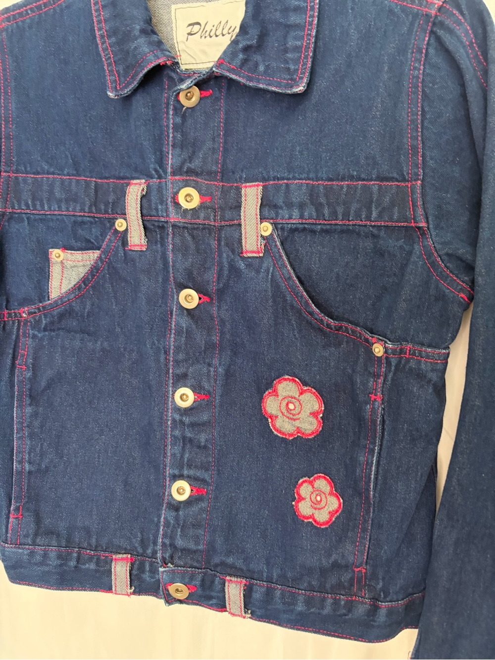 Philly Dark Indigo Denim Jacket with Pink Flower Patches - Picture 2 of 6